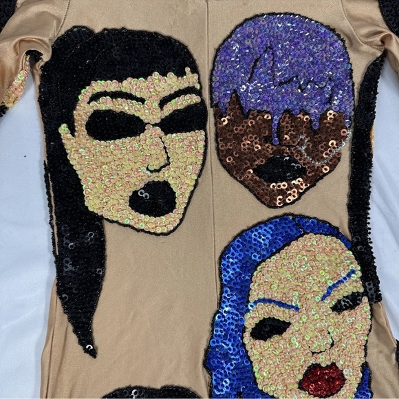 Discount Universe Sequin Nude Teal Blue Faces Bodysuit Size Small NEW With Tags - Picture 5 of 14